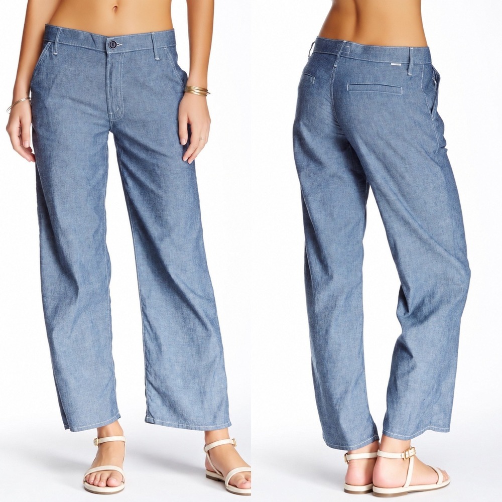 MOTHER The Greaser Prep Blue Chambray Lightweight Cropped Wide Leg Pants Size 25